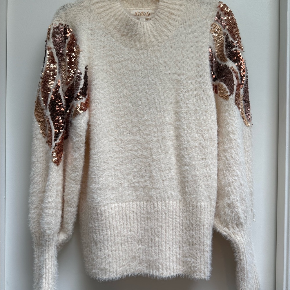 NWT Listicle Cream & Gold Crew Neck Sweater with Sequin Accents- GORGEOUS & SOFT - Picture 2 of 15